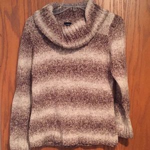Brown and white cowl-neck sweater